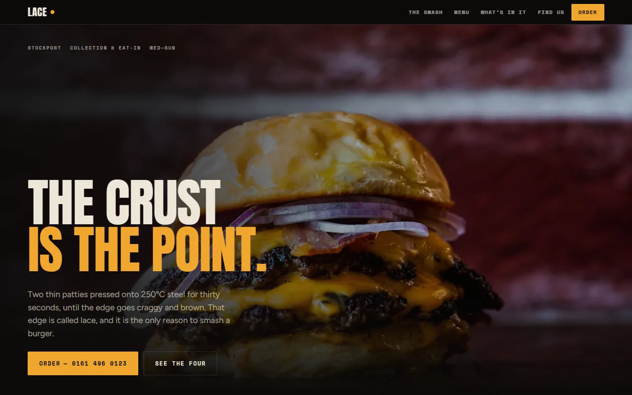 LACE: a dark smash burger site, the headline reading The crust is the point over a photograph of a double cheeseburger