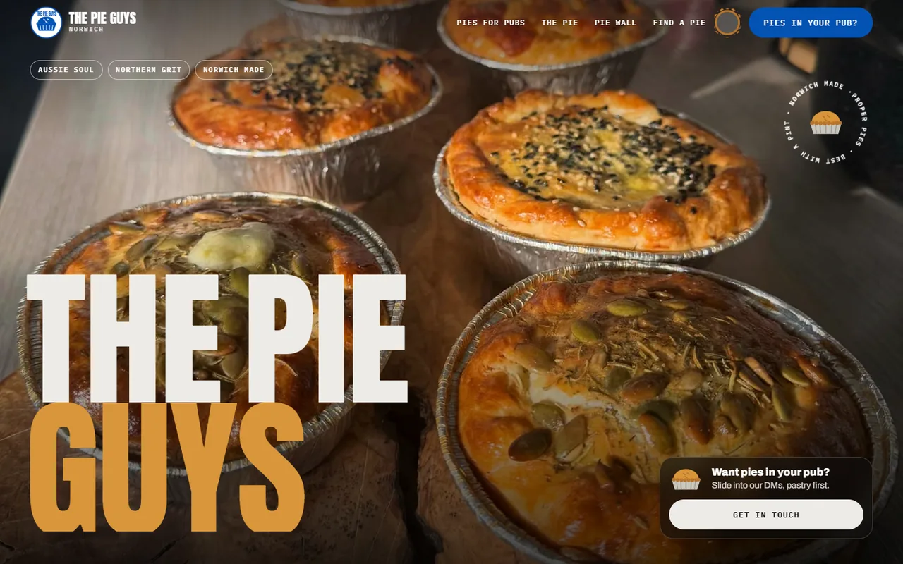 The Pie Guys: the words The Pie Guys in huge white and gold letters over a photograph of golden pies in foil trays