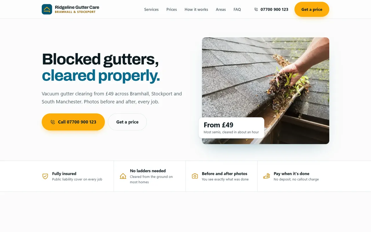 Ridgeline Gutter Care: the headline Blocked gutters, cleared properly, beside a photo of a hand clearing a gutter