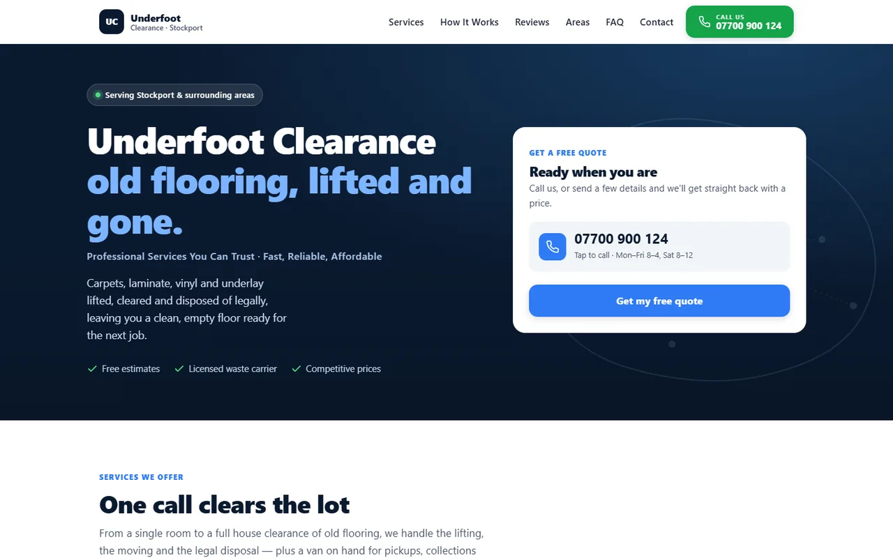 Underfoot Clearance: the headline old flooring, lifted and gone, beside a quote box with the phone number
