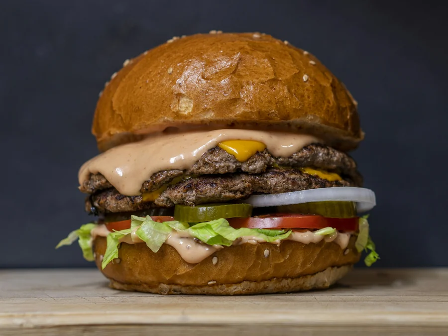Bacon Jam: a double smash burger with bacon jam and crispy onion
